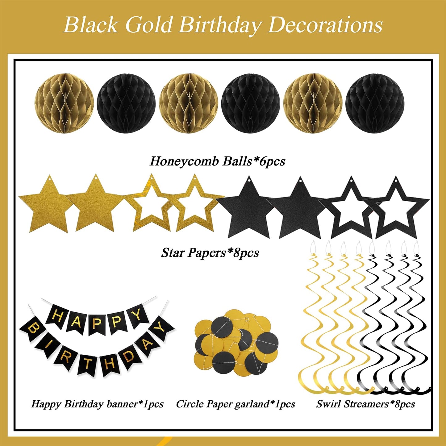 PATYDECRO Black and Gold Birthday Decorations – Happy Birthday Banner, Swirl Streamers, Honeycomb Balls & Circle Garland