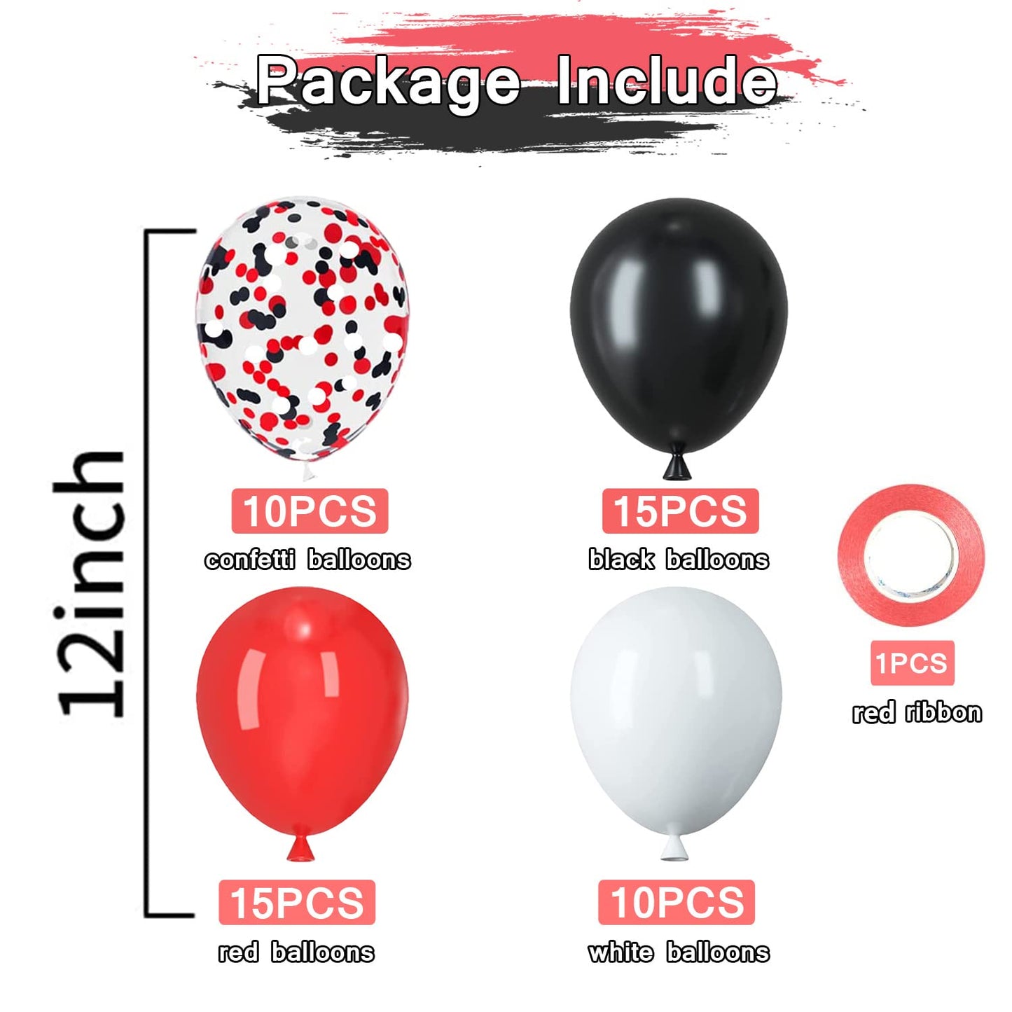 PATYDECRO Red & Black Latex Balloons – 50 Pack Confetti 12 Inch Party Balloons with Ribbon