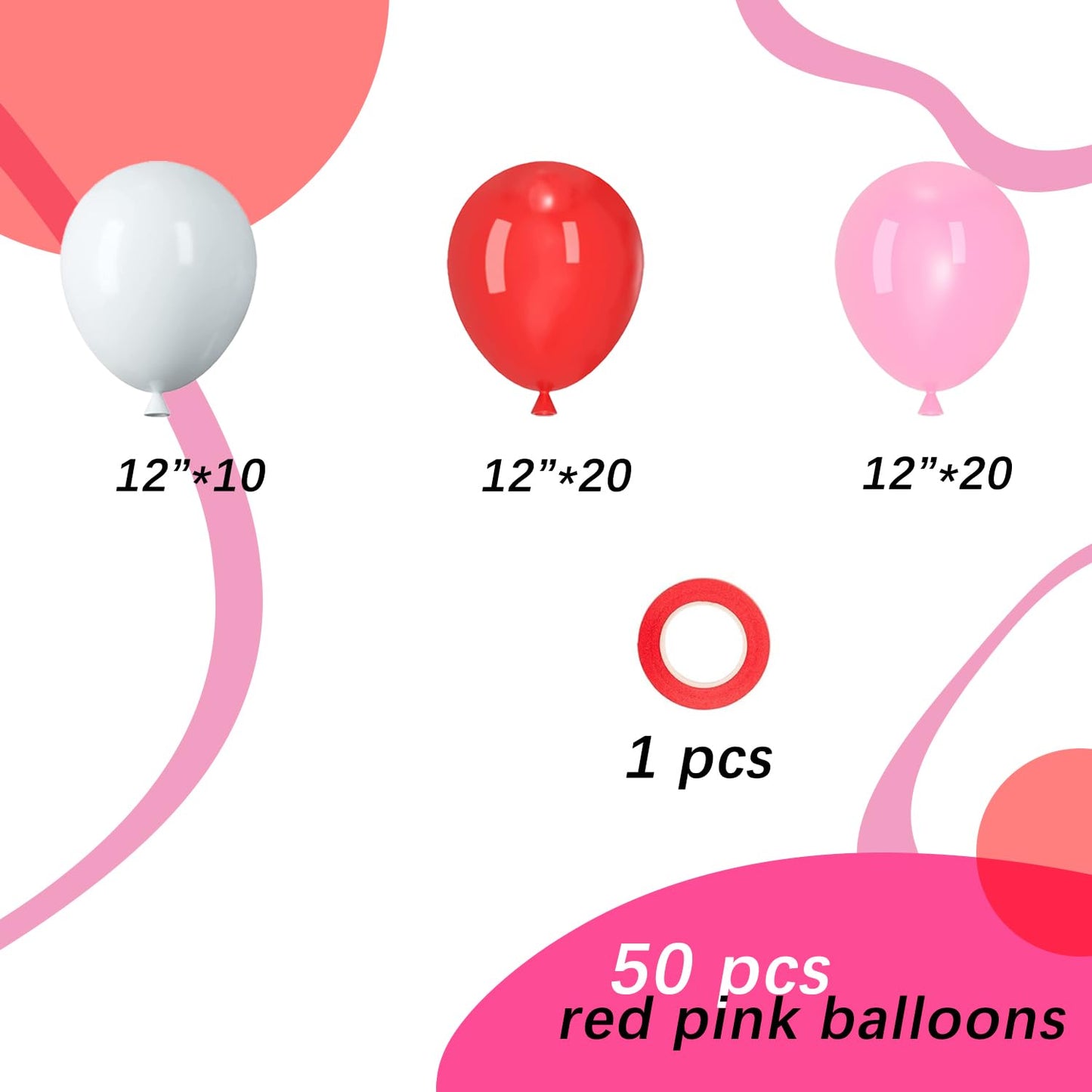 PATYDECRO Red, White & Pink Balloons – 50pcs 12in Latex with Ribbon for Valentines, Weddings & Birthdays