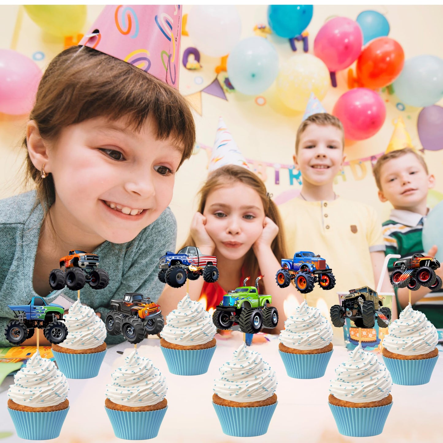 PAVATUTAT 24 Pcs Monster Truck Cupcake Toppers – Truck Car Theme Party Decorations