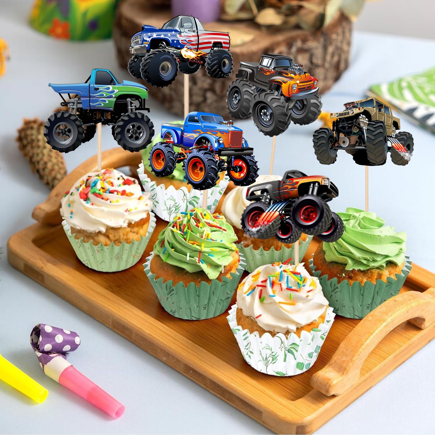 PAVATUTAT 24 Pcs Monster Truck Cupcake Toppers – Truck Car Theme Party Decorations