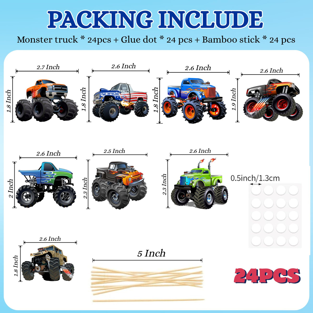 PAVATUTAT 24 Pcs Monster Truck Cupcake Toppers – Truck Car Theme Party Decorations