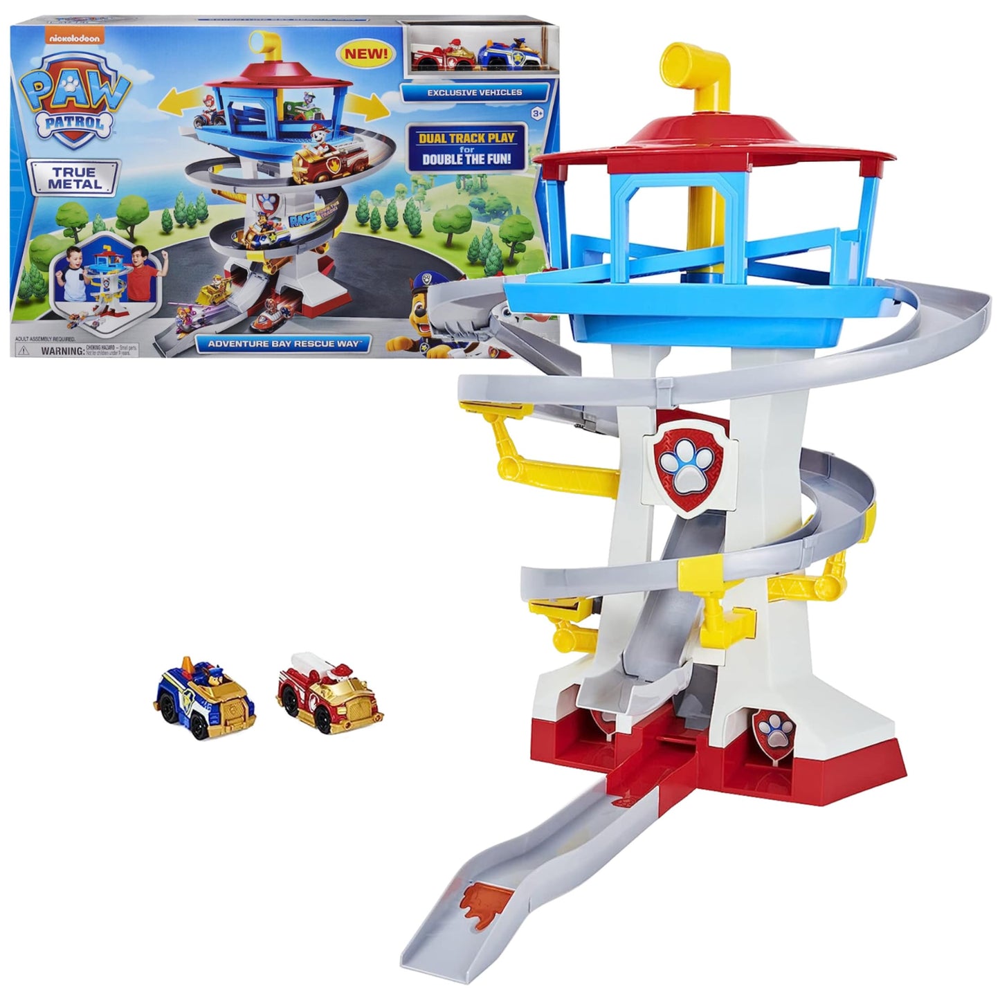 PAW Patrol Adventure Bay Lookout Tower Playset with 2 Exclusive True Metal Vehicles (Chase & Marshall) – Twin Track Rescue