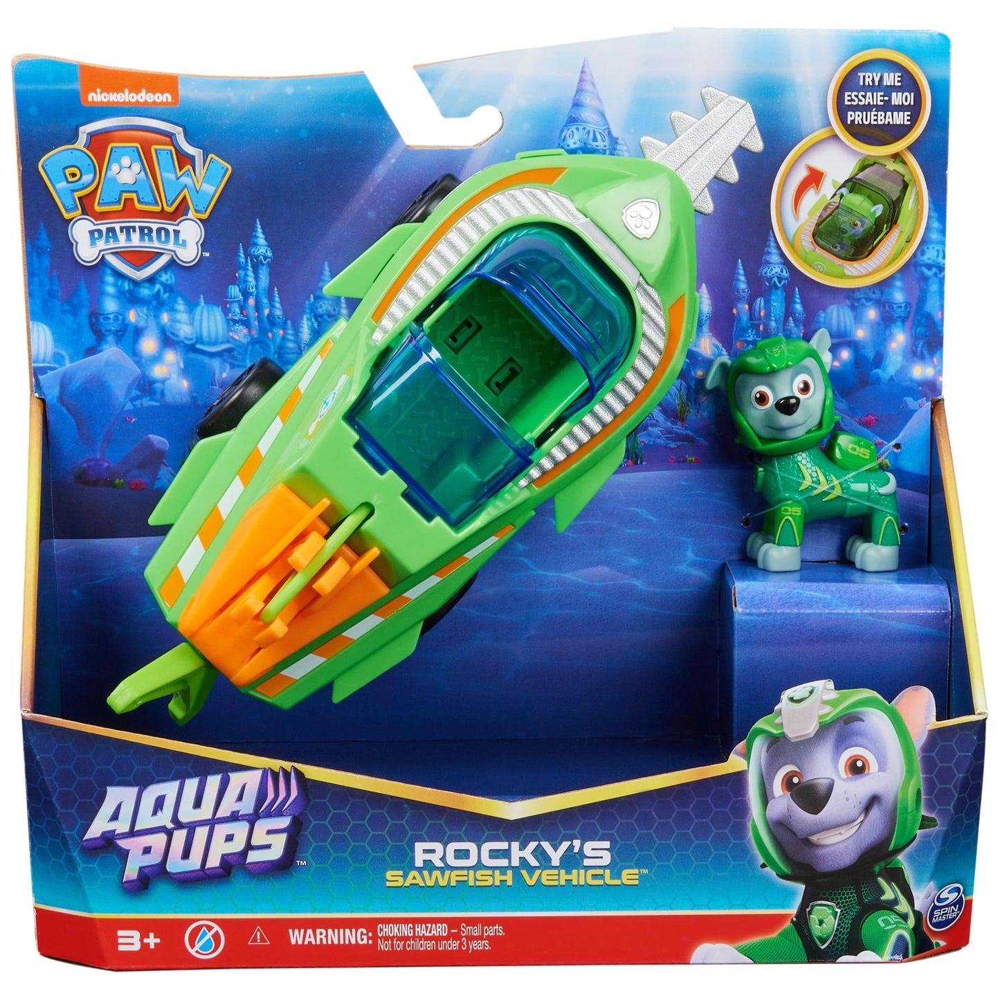 Paw Patrol Aqua Pups Rocky Transforming Sawfish Vehicle with Collectible Figure – Kids’ Rescue Toy