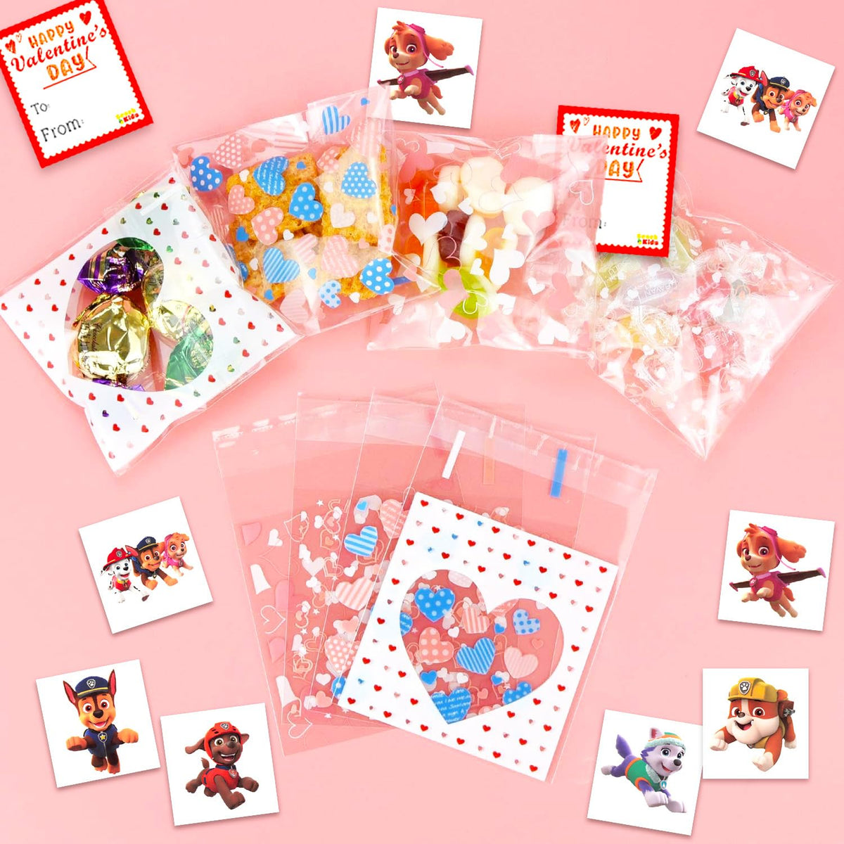 Paw Patrol Valentine's Day Classroom Gift Exchange - 24-Student Bundle with Tattoos, Goodie Bags & To/From Stickers