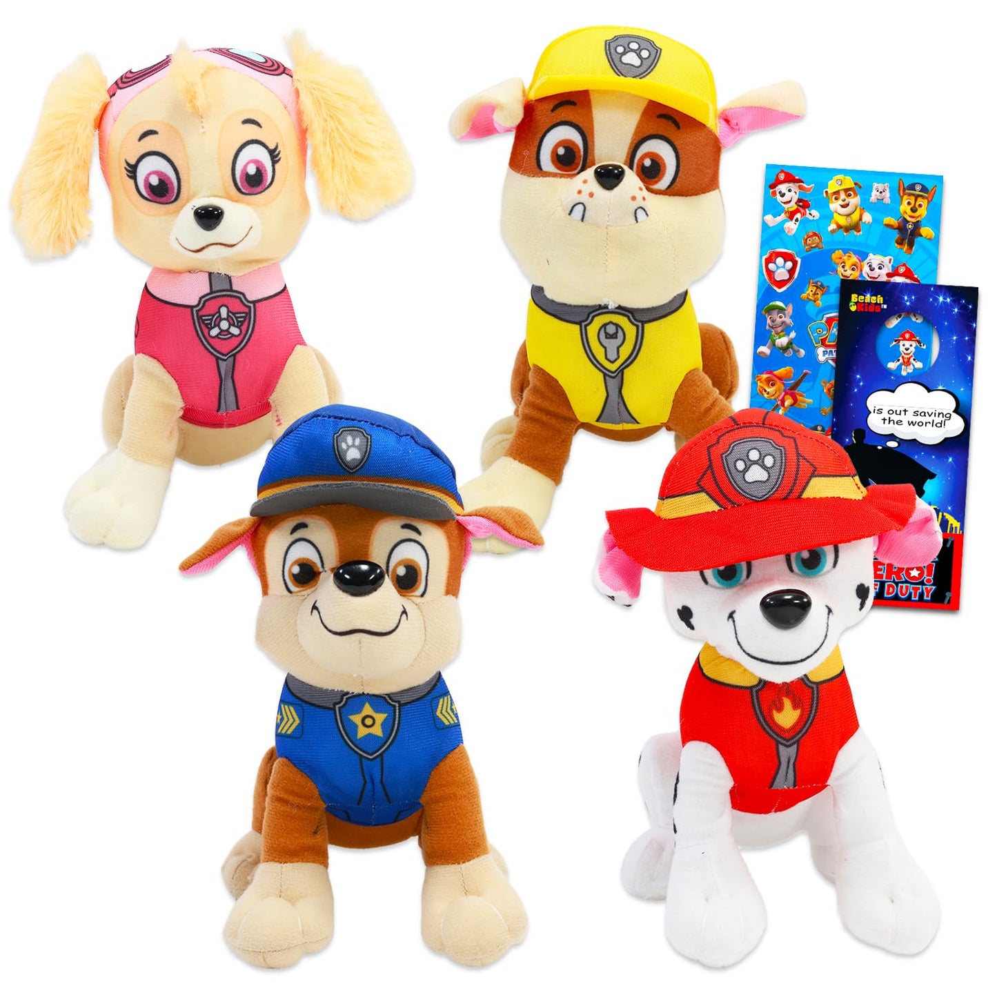 Paw Patrol Plush Toy Set - 4-Pack 7-inch Plushies with Chase, Marshall, Skye, Rubble + Stickers