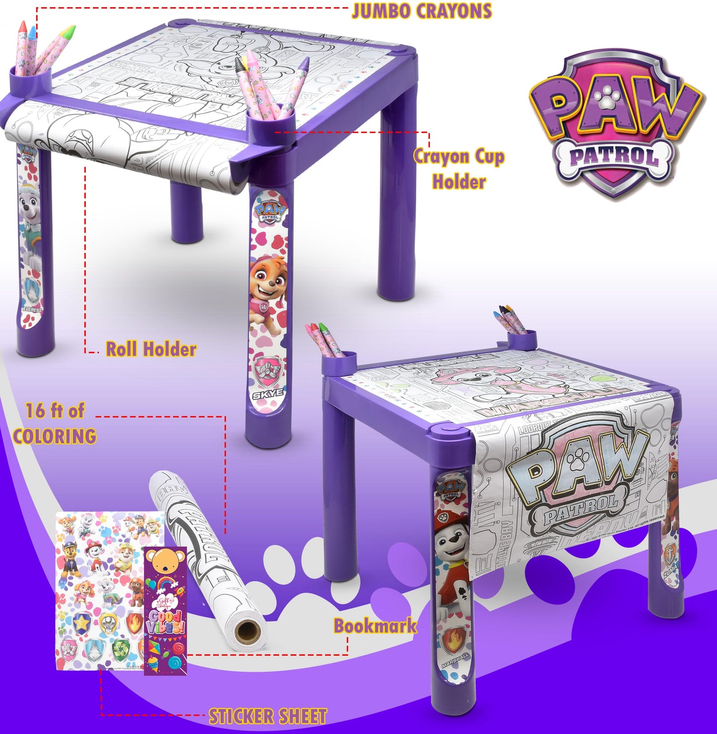 Paw Patrol Coloring & Craft Art Table for Kids – Purple Table & 16ft Paper Roll