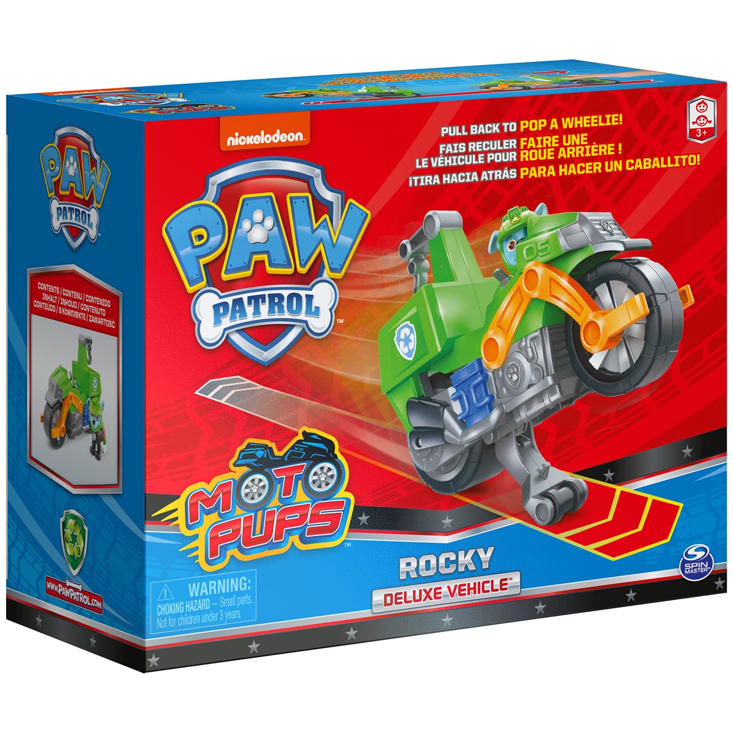 PAW Patrol Rocky Moto Pups Deluxe Pull-Back Motorcycle with Wheelie Feature