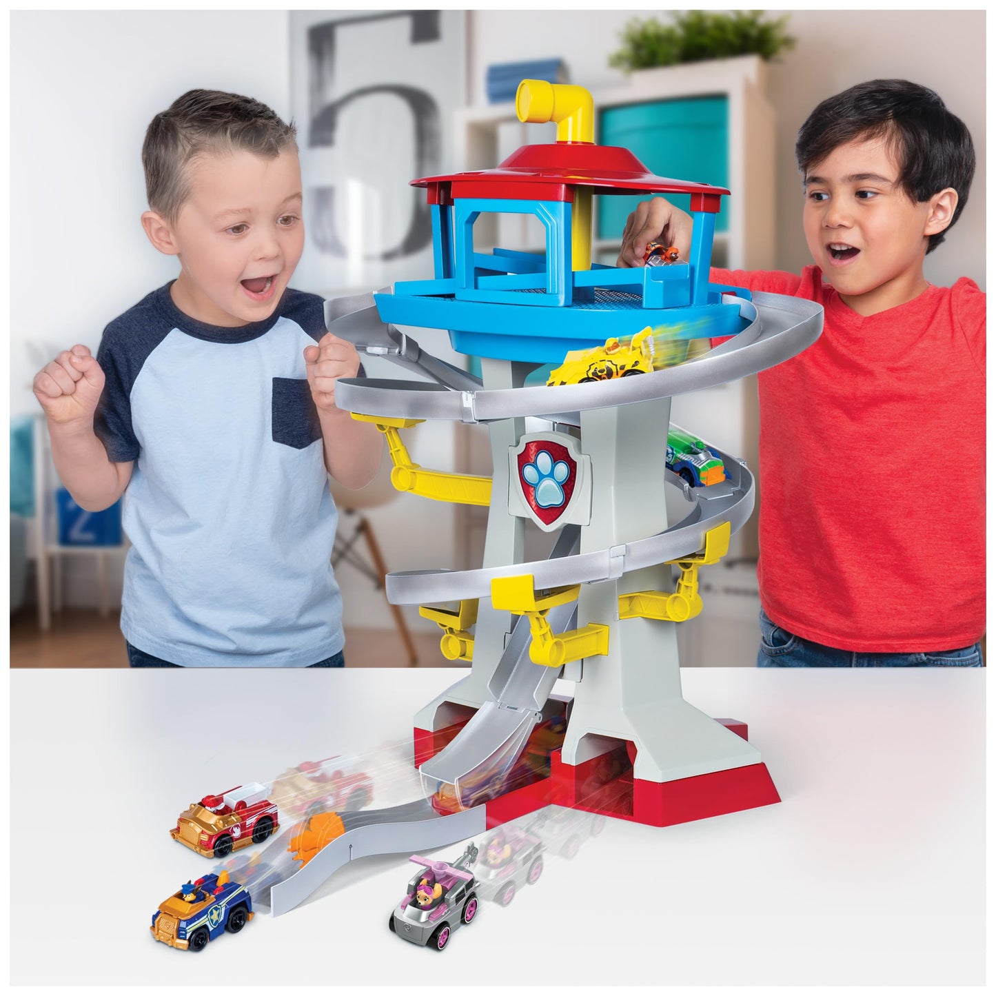 PAW Patrol Adventure Bay Lookout Tower Playset with 2 Exclusive True Metal Vehicles (Chase & Marshall) – Twin Track Rescue