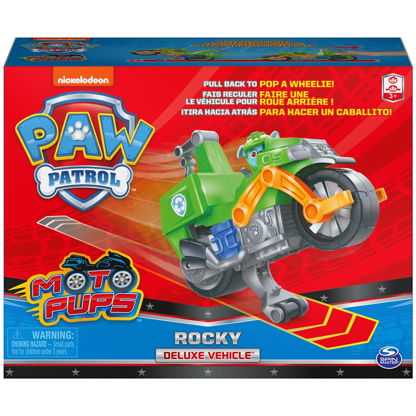 PAW Patrol Rocky Moto Pups Deluxe Pull-Back Motorcycle with Wheelie Feature