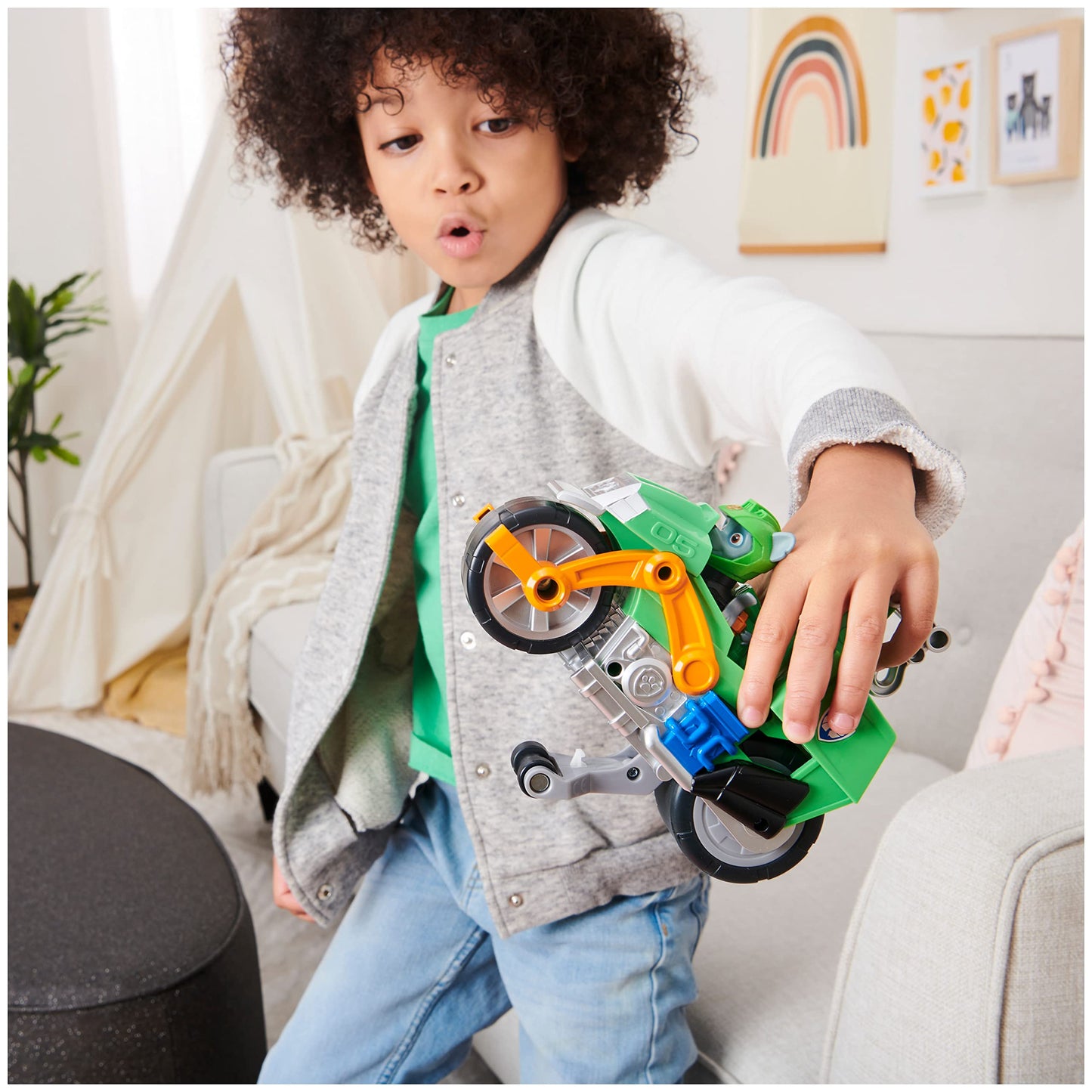 PAW Patrol Rocky Moto Pups Deluxe Pull-Back Motorcycle with Wheelie Feature