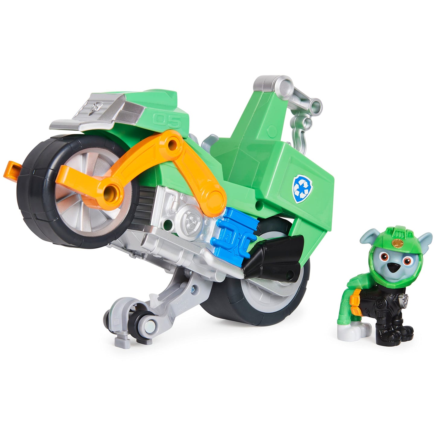 PAW Patrol Rocky Moto Pups Deluxe Pull-Back Motorcycle with Wheelie Feature