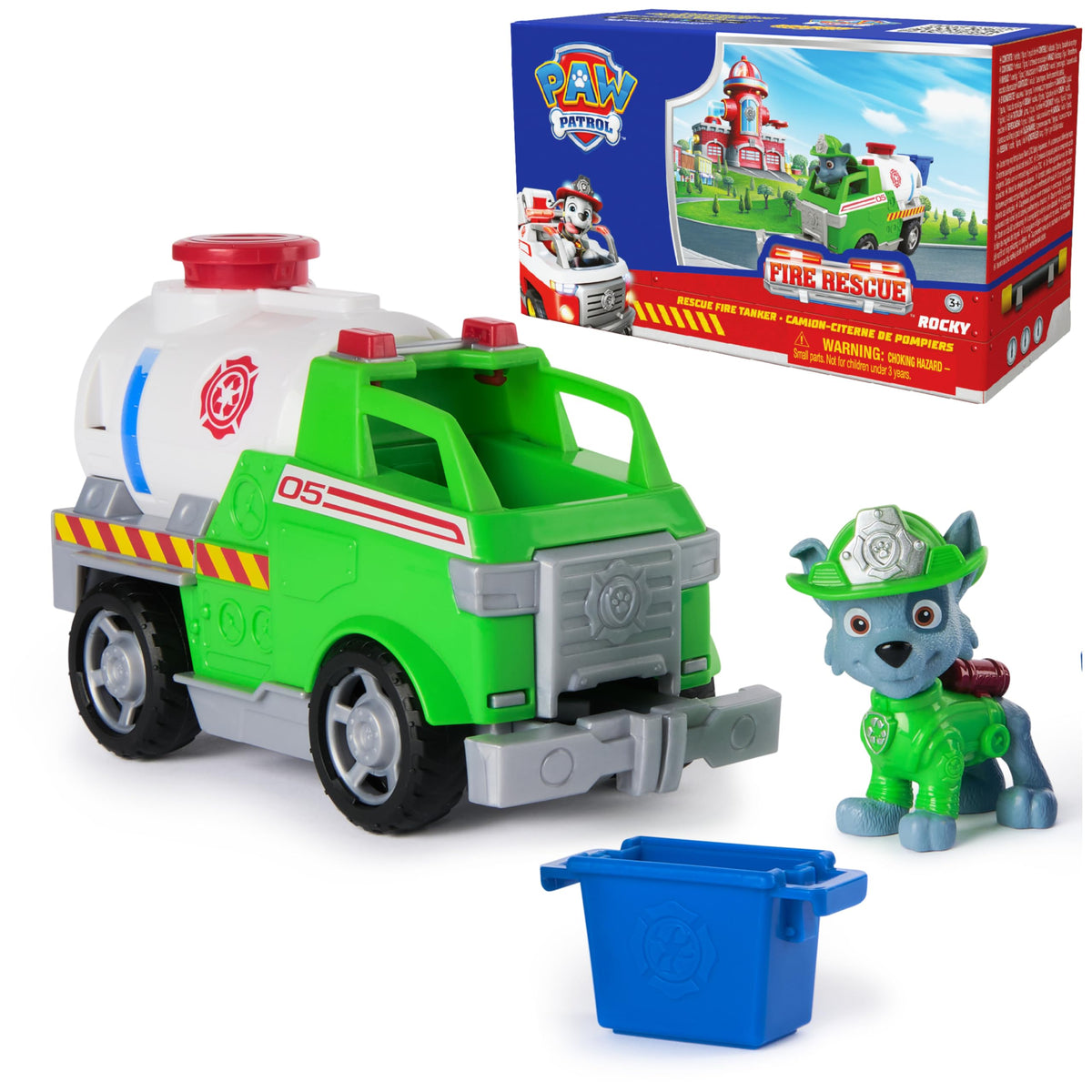 PAW Patrol Fire Rescue: Rocky Rescue Fire Tanker with Figure, Grab Claw & Bin