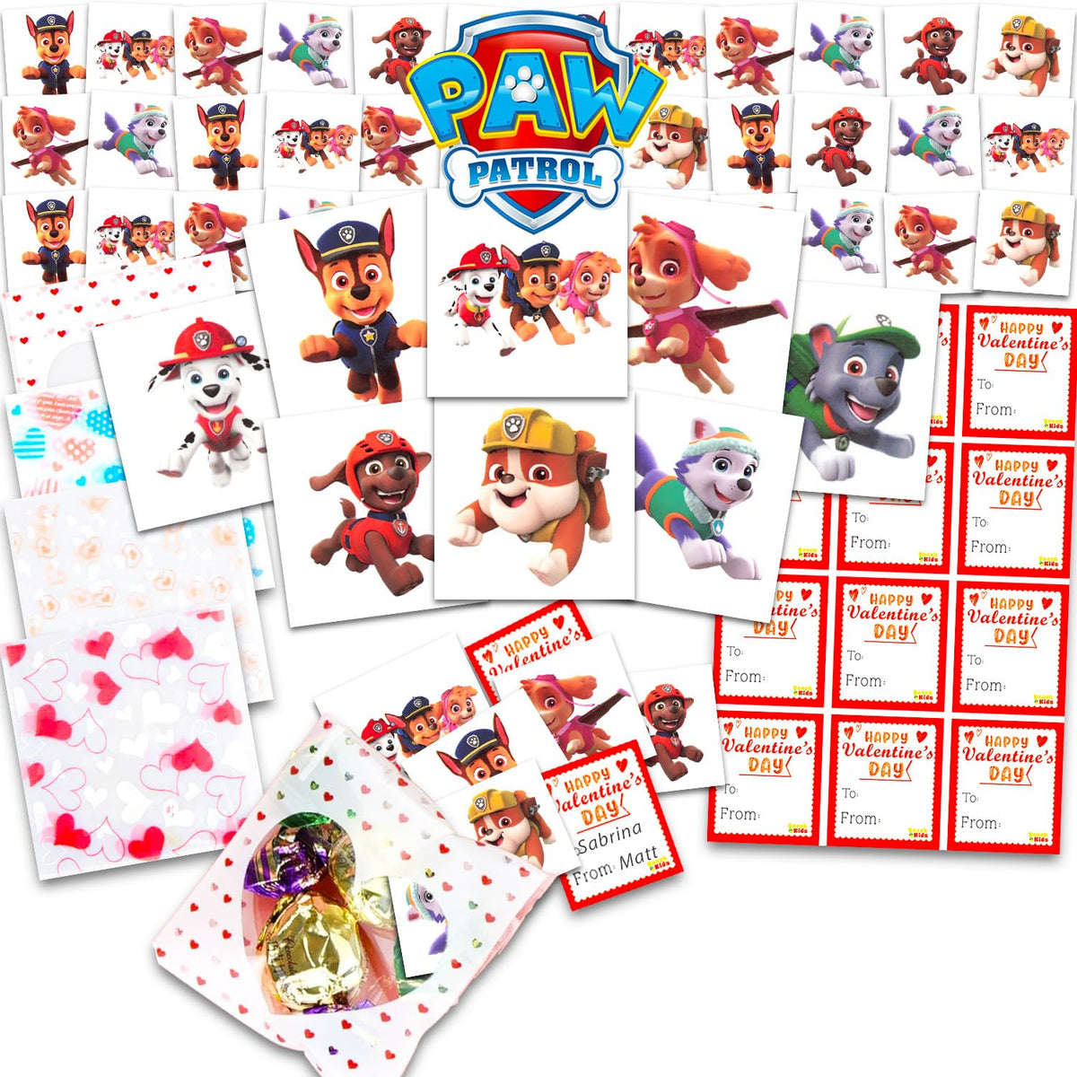 Paw Patrol Valentine's Day Classroom Gift Exchange - 24-Student Bundle with Tattoos, Goodie Bags & To/From Stickers