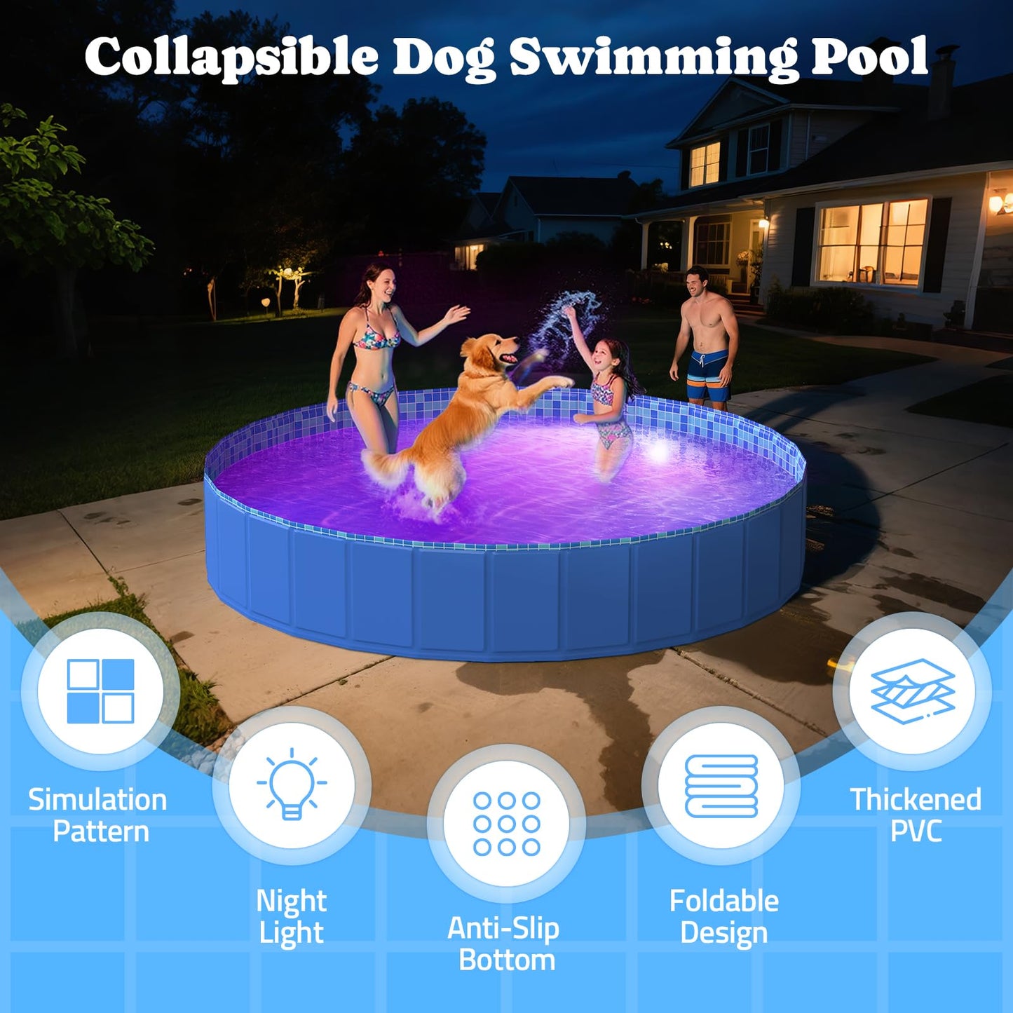 Pawtners Foldable Dog Pool with RGB LED Light – 79-Inch Collapsible Pool Blue