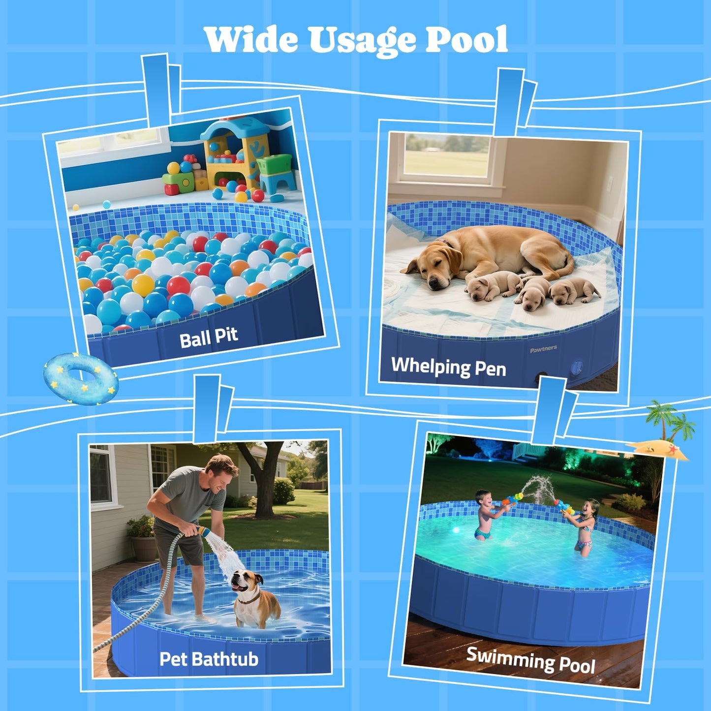 Pawtners Foldable Dog Pool with RGB LED Light – 79-Inch Collapsible Pool Blue