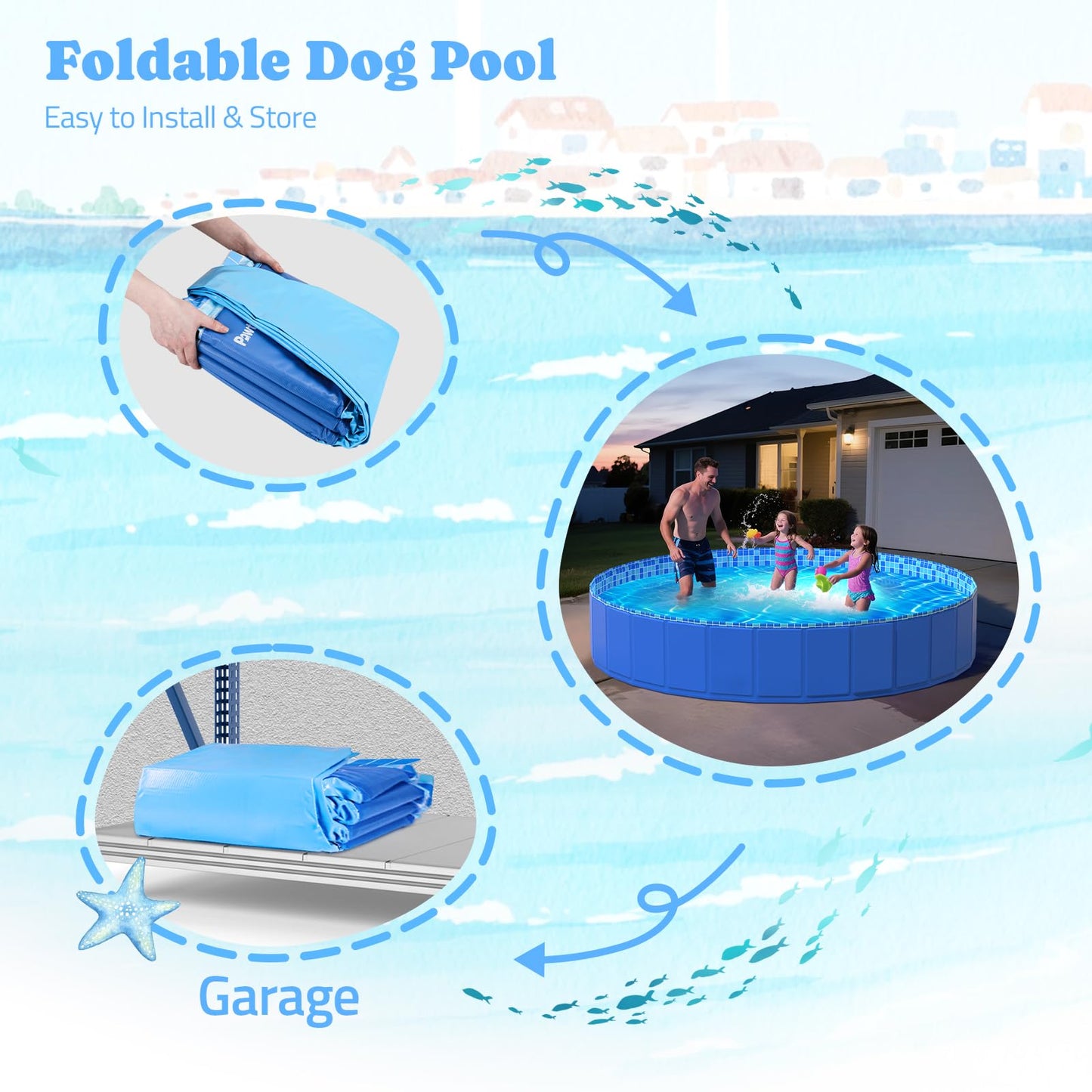Pawtners Foldable Dog Pool with RGB LED Light – 79-Inch Collapsible Pool Blue