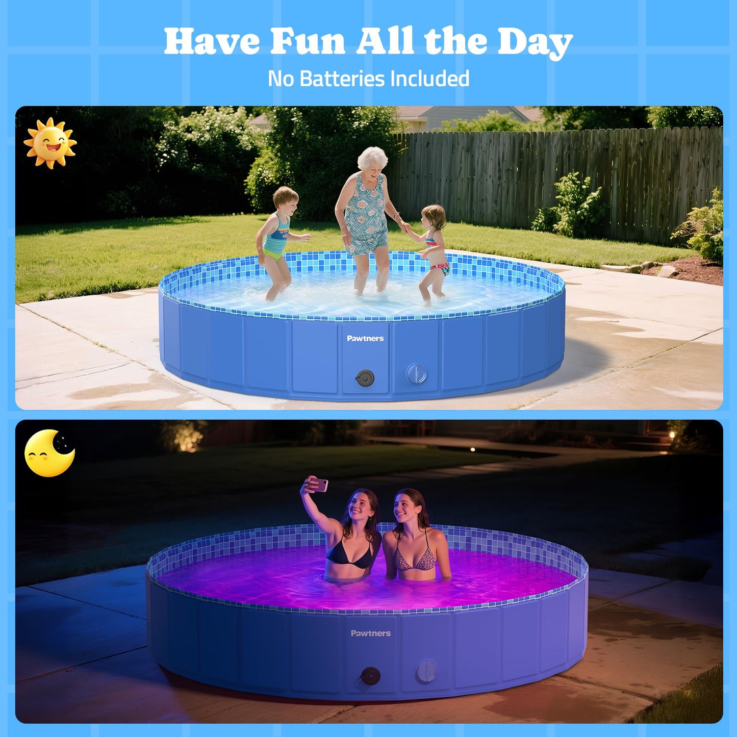 Pawtners Foldable Dog Pool with RGB LED Light – 79-Inch Collapsible Pool Blue