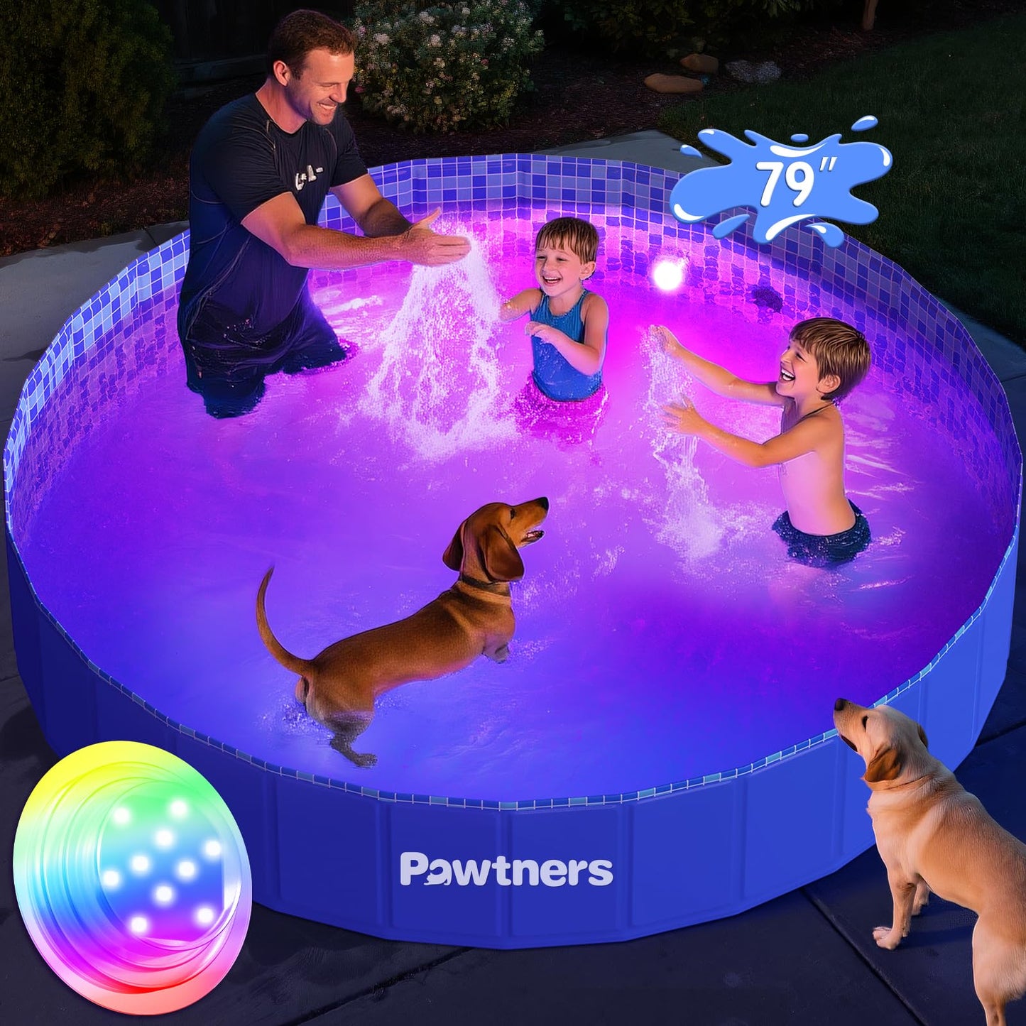 Pawtners Foldable Dog Pool with RGB LED Light – 79-Inch Collapsible Pool Blue