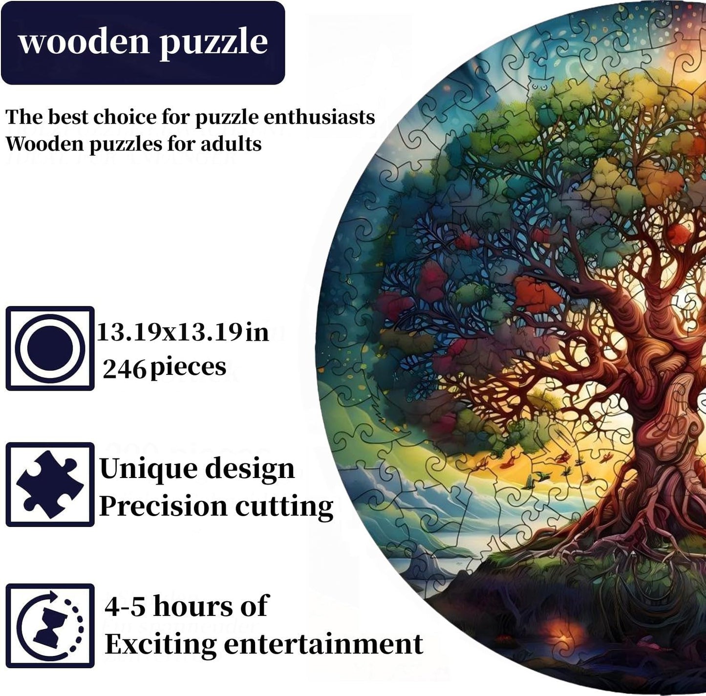 PAYJIK Tree of Life 246-Piece Wooden Puzzle – Irregular Animal Shapes, 13x13 in