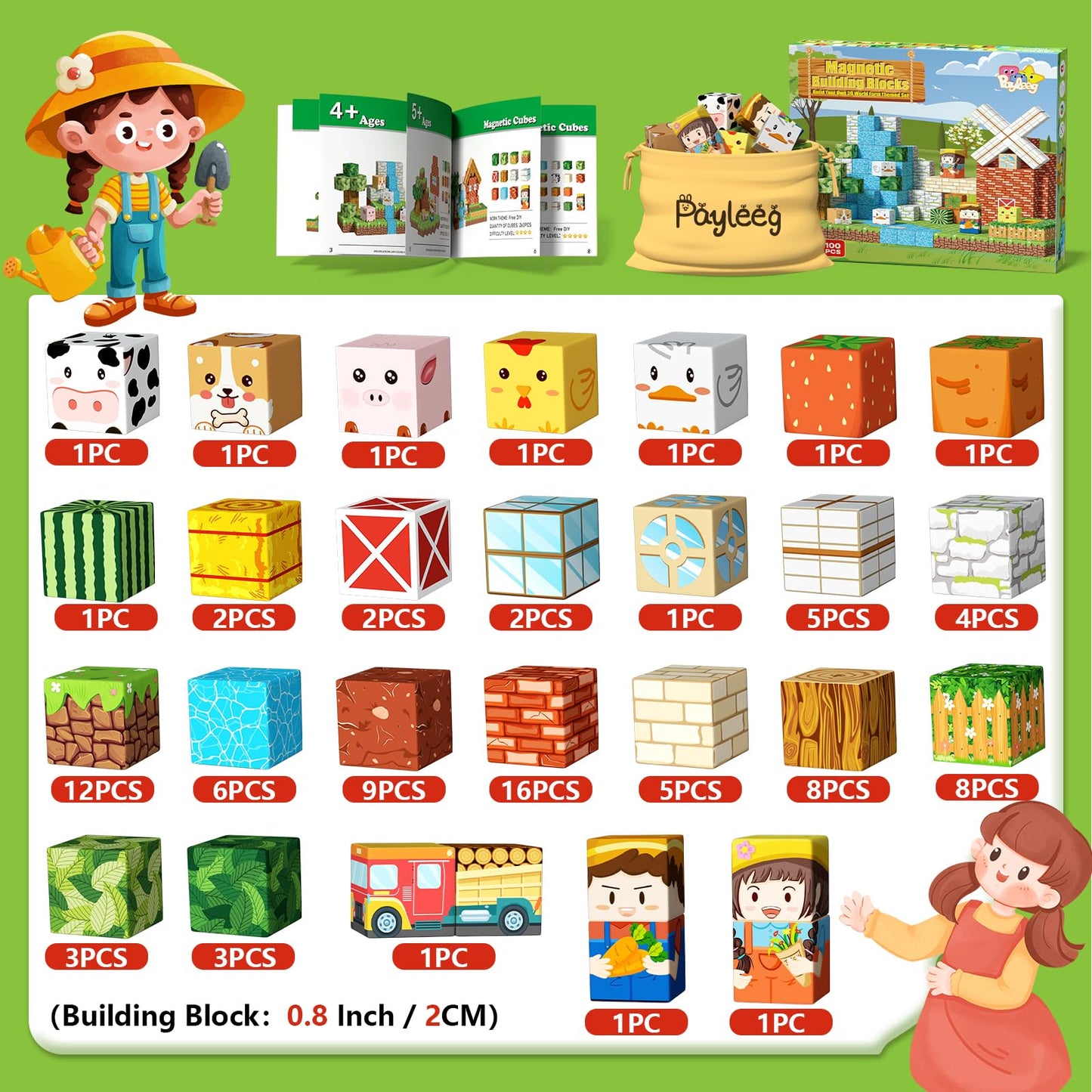 Payleeg Magnetic Blocks – 100-Piece Farm World Set for Kids Aged 4-12 | STEM & Sensory Montessori Toys