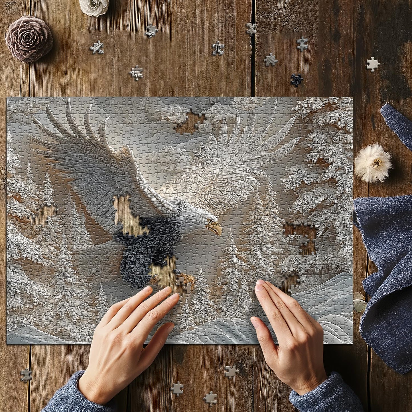 Pazzocenter The Carved Eagle Jigsaw Puzzle 1000 Pieces – Majestic Bald Eagle in a Winter Forest