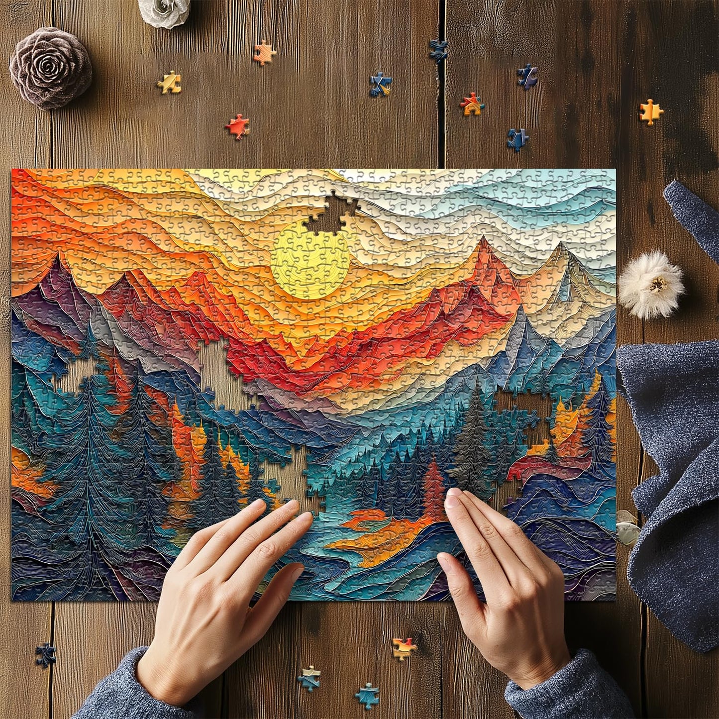 Pazzocenter Mountain Puzzles for Adults – 1000 Pieces, Colorful Forest River Sunset Landscape Jigsaw