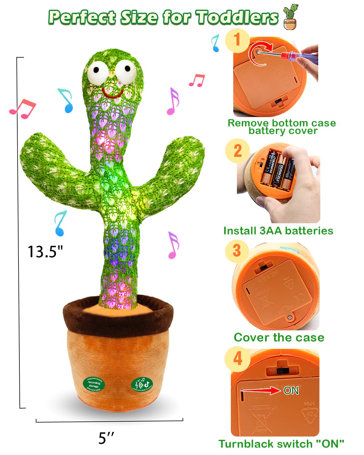 Pbooo Talking Dancing Cactus Toy – Recording, 120 Songs, Volume Control | Baby Toy for 6–12 Months