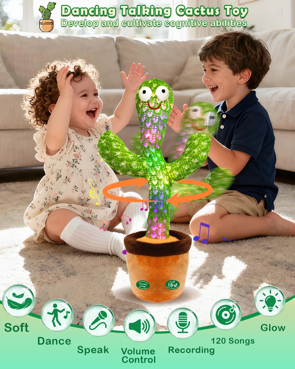Pbooo Talking Dancing Cactus Toy – Recording, 120 Songs, Volume Control | Baby Toy for 6–12 Months