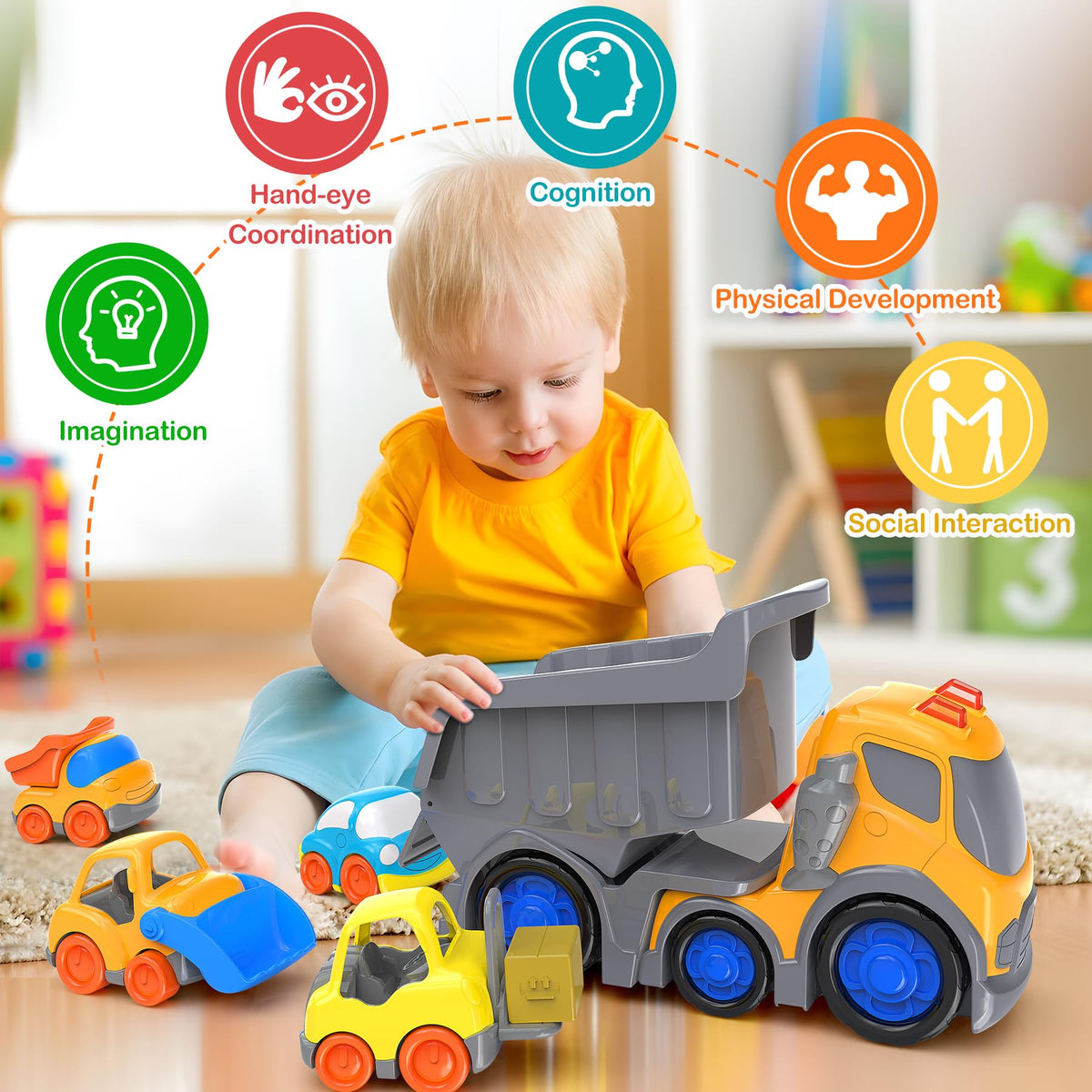 P&C 12.2-inch Toddler Construction Dump Truck Toys for Ages 2-4 – 5-in-1 Set with Sounds & Lights