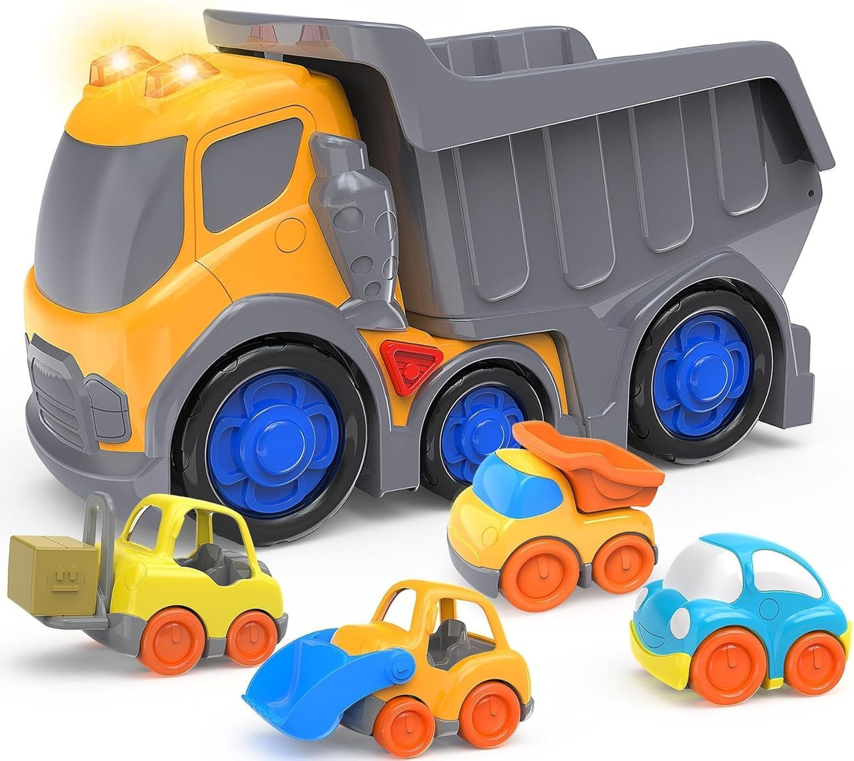 P&C 12.2-inch Toddler Construction Dump Truck Toys for Ages 2-4 – 5-in-1 Set with Sounds & Lights