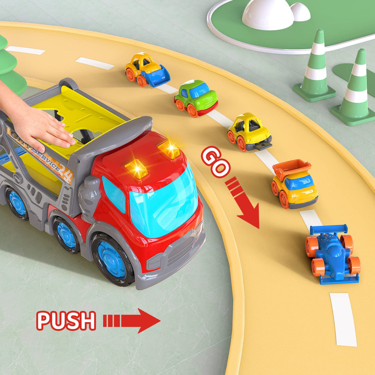 P&C 12.2-Inch Toddler Car Carrier Truck Toy – 6-in-1 Carrier with Lights & Sounds