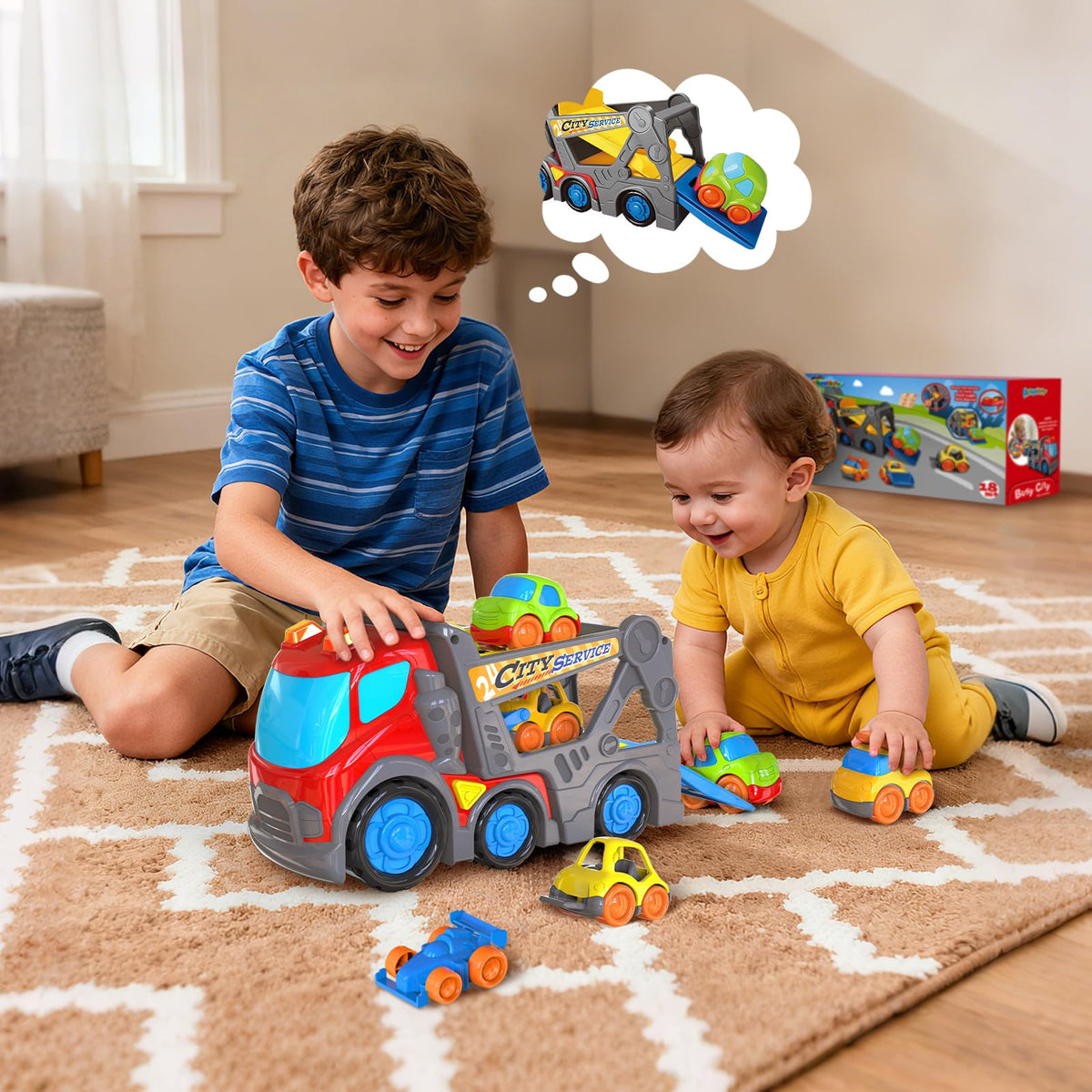 P&C 12.2-Inch Toddler Car Carrier Truck Toy – 6-in-1 Carrier with Lights & Sounds