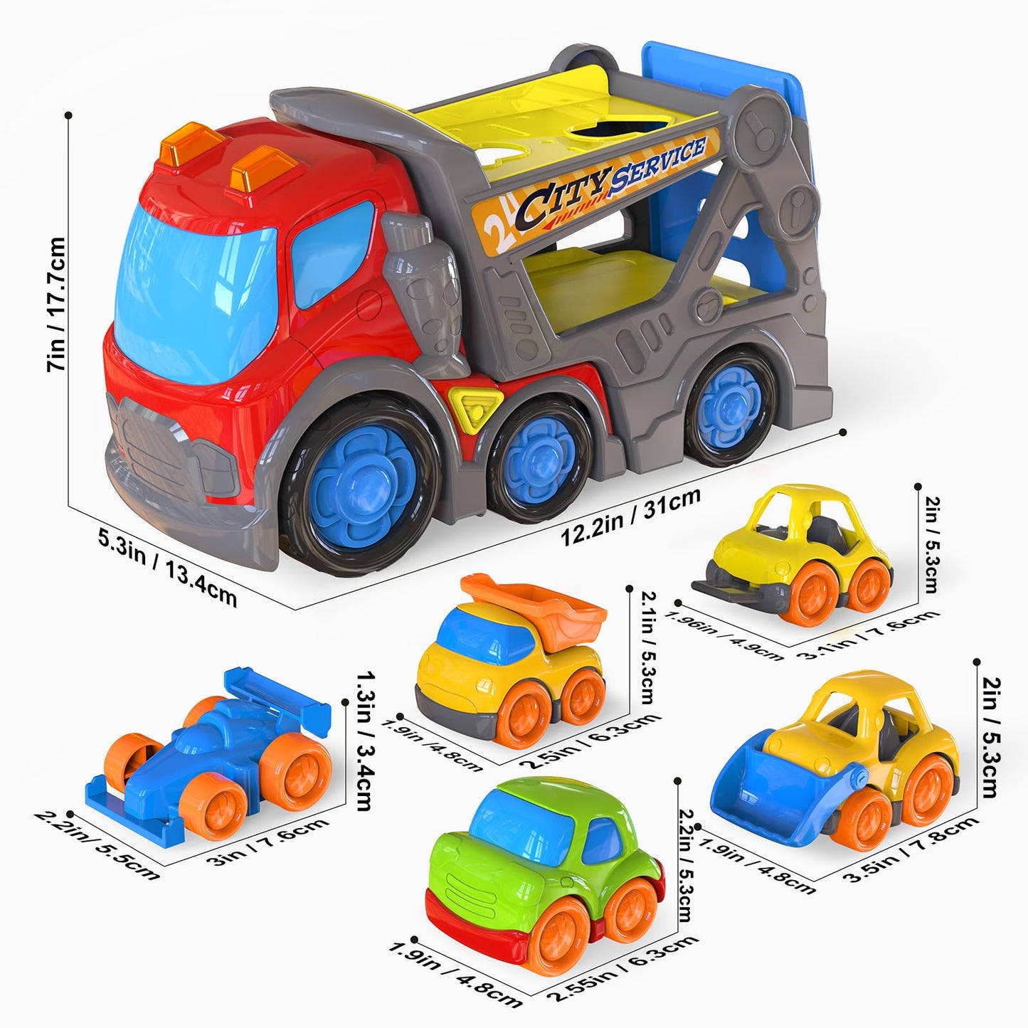 P&C 12.2-Inch Toddler Car Carrier Truck Toy – 6-in-1 Carrier with Lights & Sounds