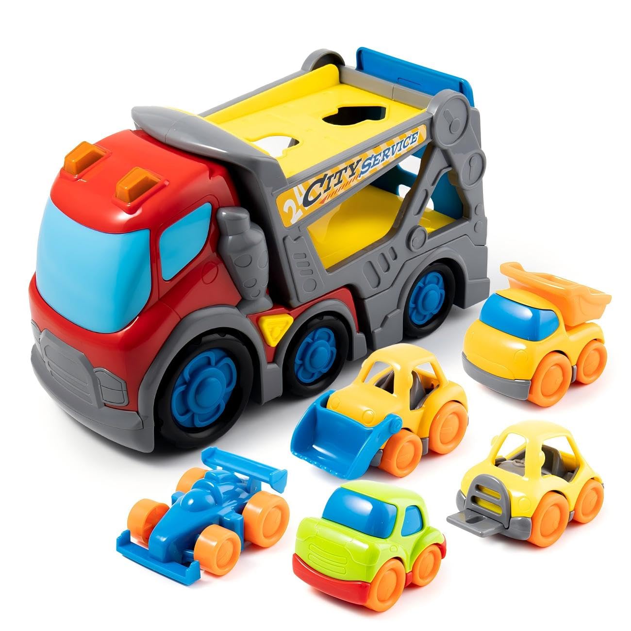 P&C 12.2-Inch Toddler Car Carrier Truck Toy – 6-in-1 Carrier with Lights & Sounds