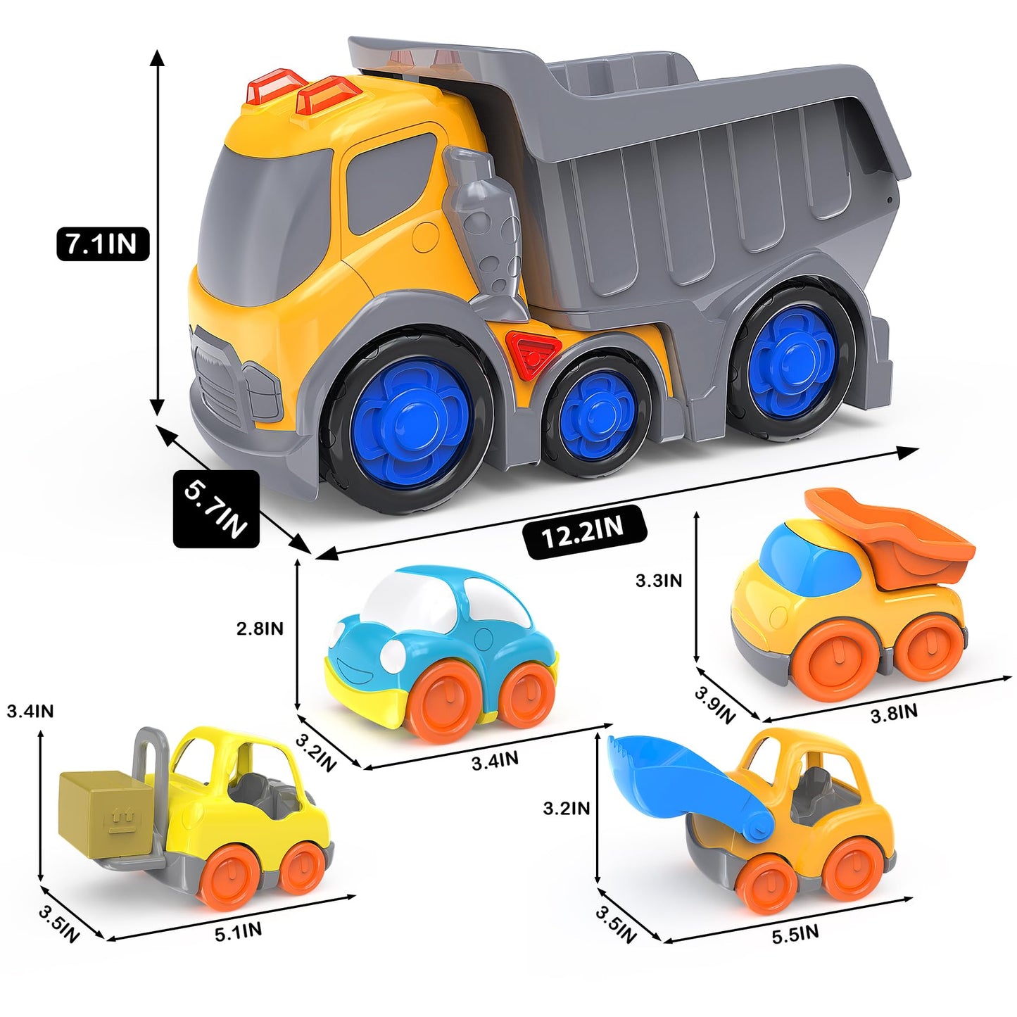 P&C 12.2-inch Toddler Construction Dump Truck Toys for Ages 2-4 – 5-in-1 Set with Sounds & Lights