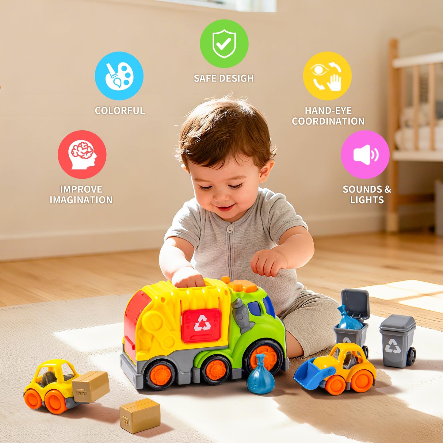 P&C 7.5-Inch Toddler Garbage Truck Toy Set with Lights and Sounds for 18M+ | Safe City Vehicle Play