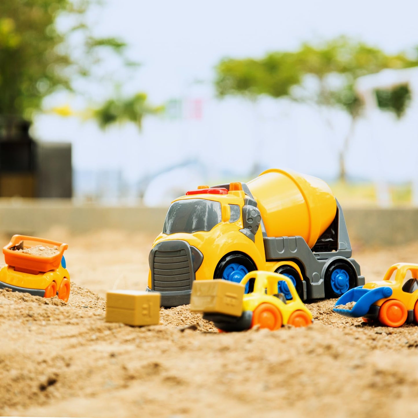P&C 7.7-Inch Toddlers Construction Cement Mixer Truck Toy Set – 4-in-1 Vehicles with Sounds & Lights for 18M+