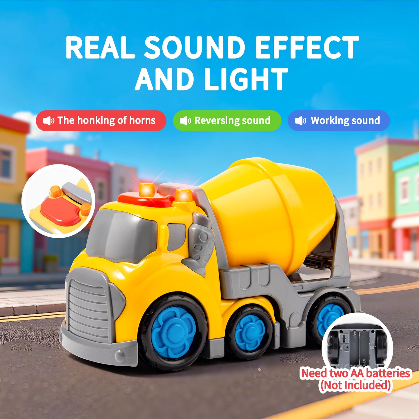 P&C 7.7-Inch Toddlers Construction Cement Mixer Truck Toy Set – 4-in-1 Vehicles with Sounds & Lights for 18M+