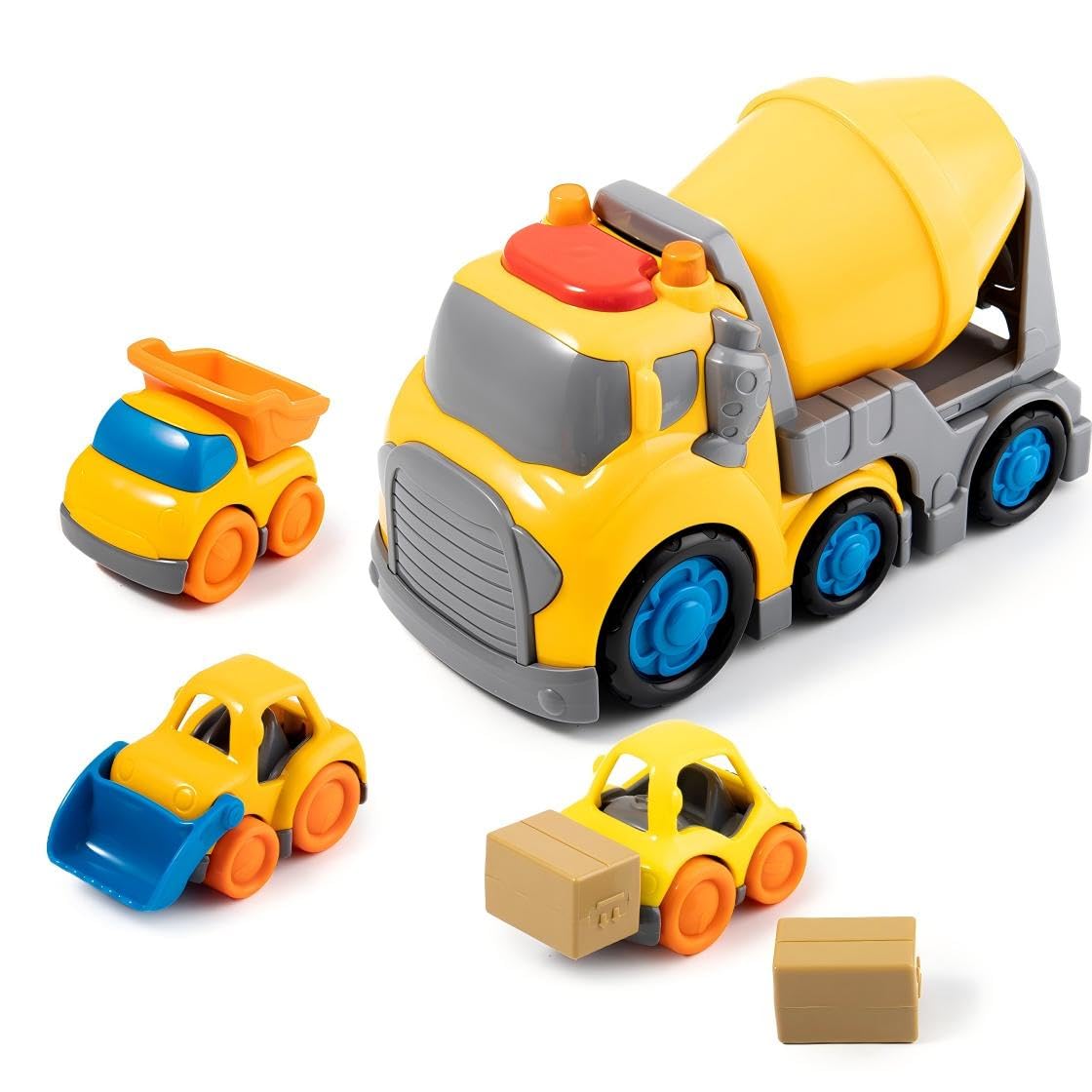 P&C 7.7-Inch Toddlers Construction Cement Mixer Truck Toy Set – 4-in-1 Vehicles with Sounds & Lights for 18M+