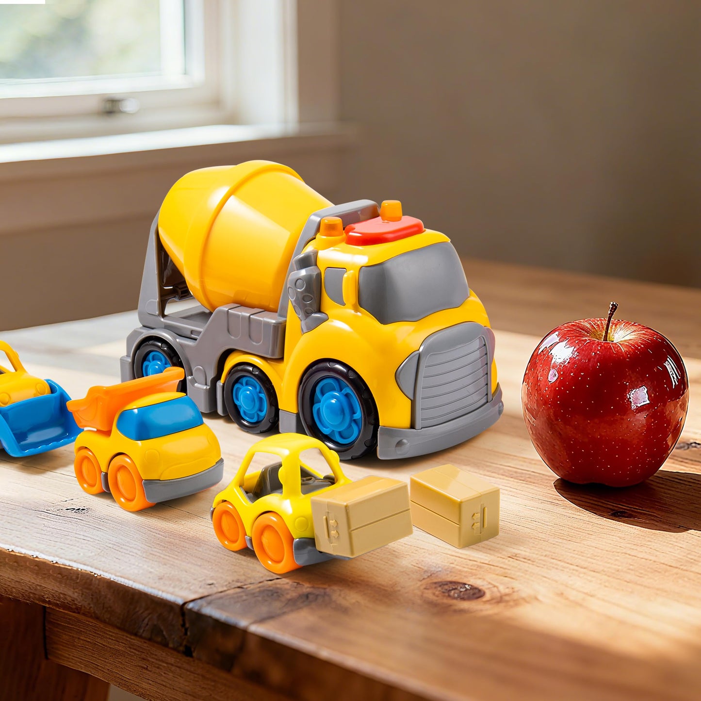 P&C 7.7-Inch Toddlers Construction Cement Mixer Truck Toy Set – 4-in-1 Vehicles with Sounds & Lights for 18M+