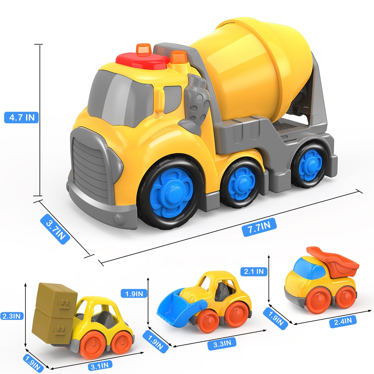 P&C 7.7-Inch Toddlers Construction Cement Mixer Truck Toy Set – 4-in-1 Vehicles with Sounds & Lights for 18M+