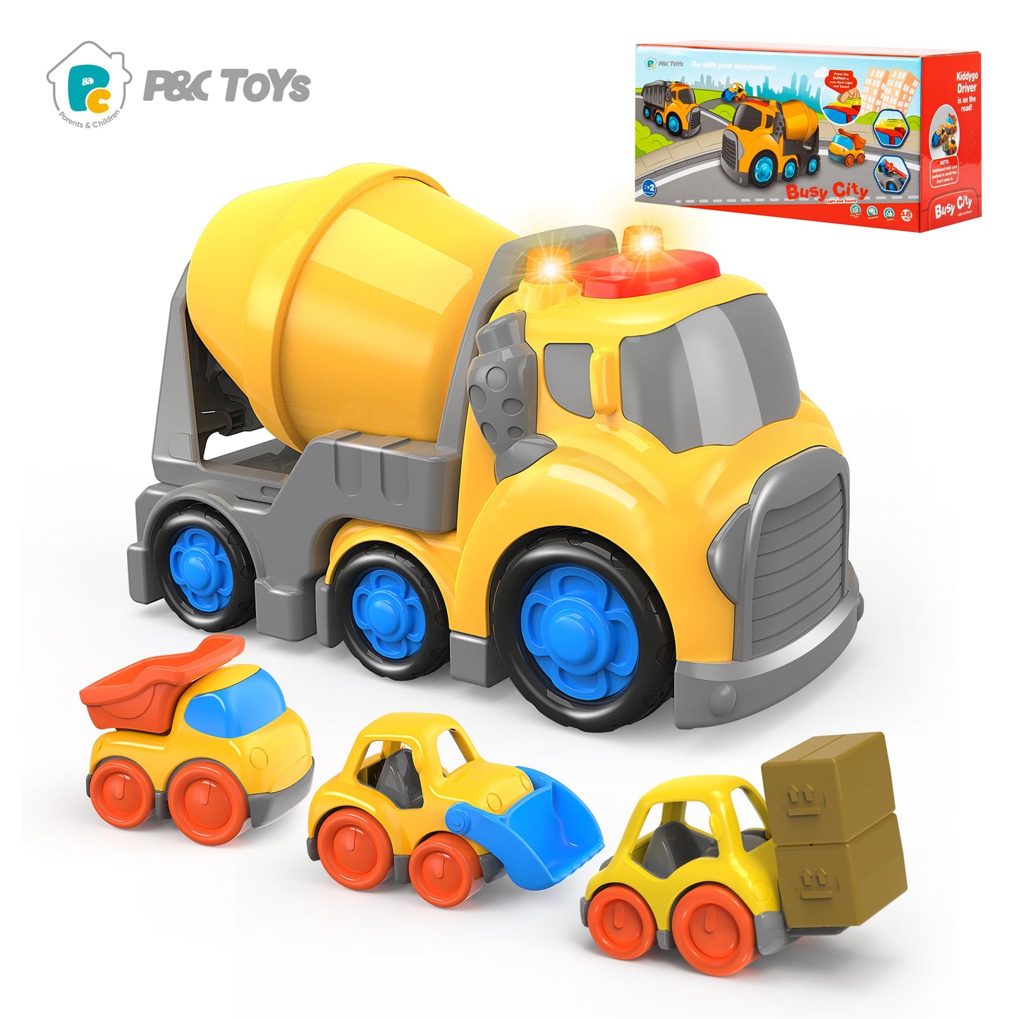 P&C 7.7-Inch Toddlers Construction Cement Mixer Truck Toy Set – 4-in-1 Vehicles with Sounds & Lights for 18M+