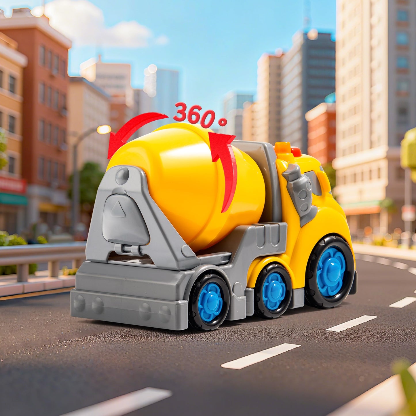 P&C 7.7-Inch Toddlers Construction Cement Mixer Truck Toy Set – 4-in-1 Vehicles with Sounds & Lights for 18M+
