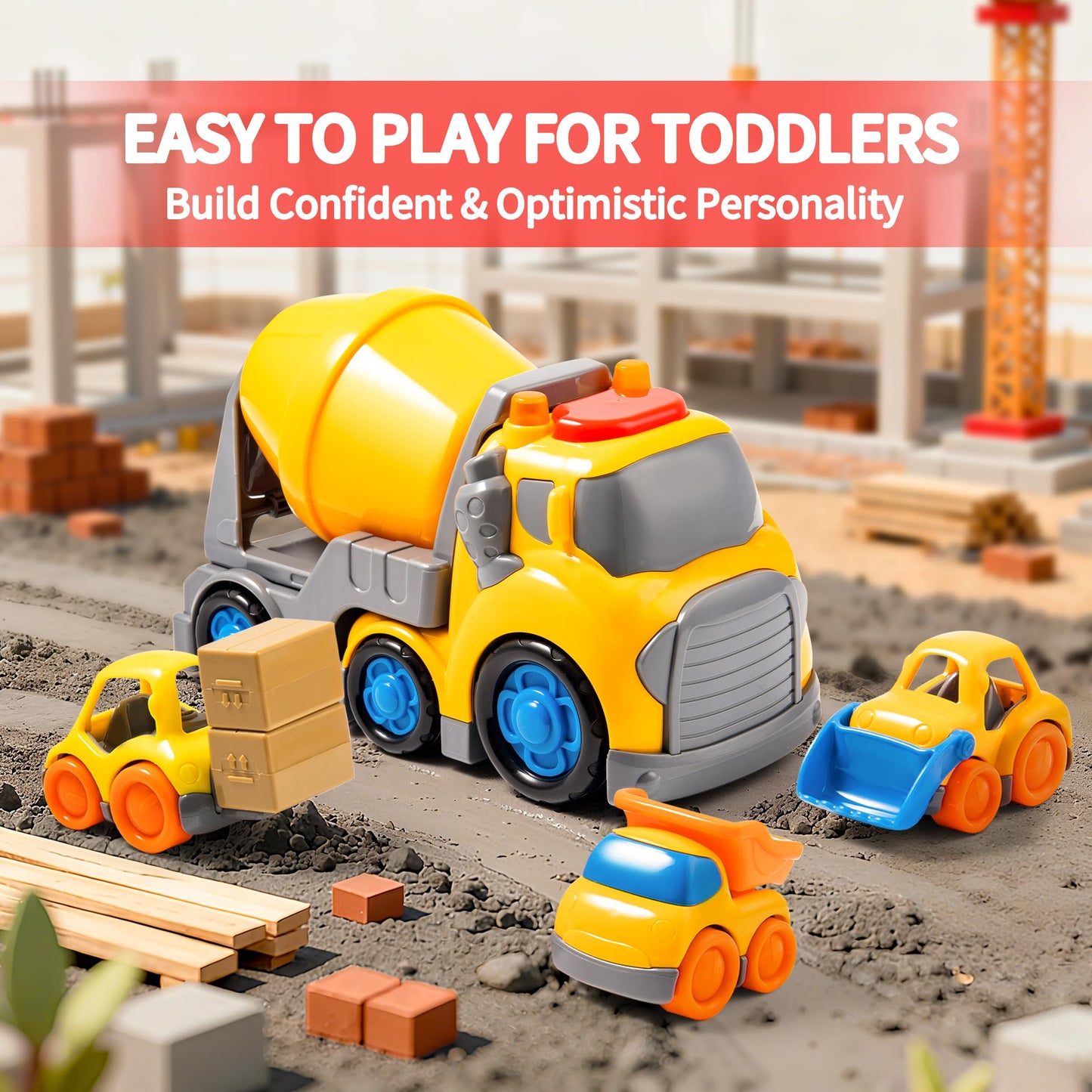 P&C 7.7-Inch Toddlers Construction Cement Mixer Truck Toy Set – 4-in-1 Vehicles with Sounds & Lights for 18M+