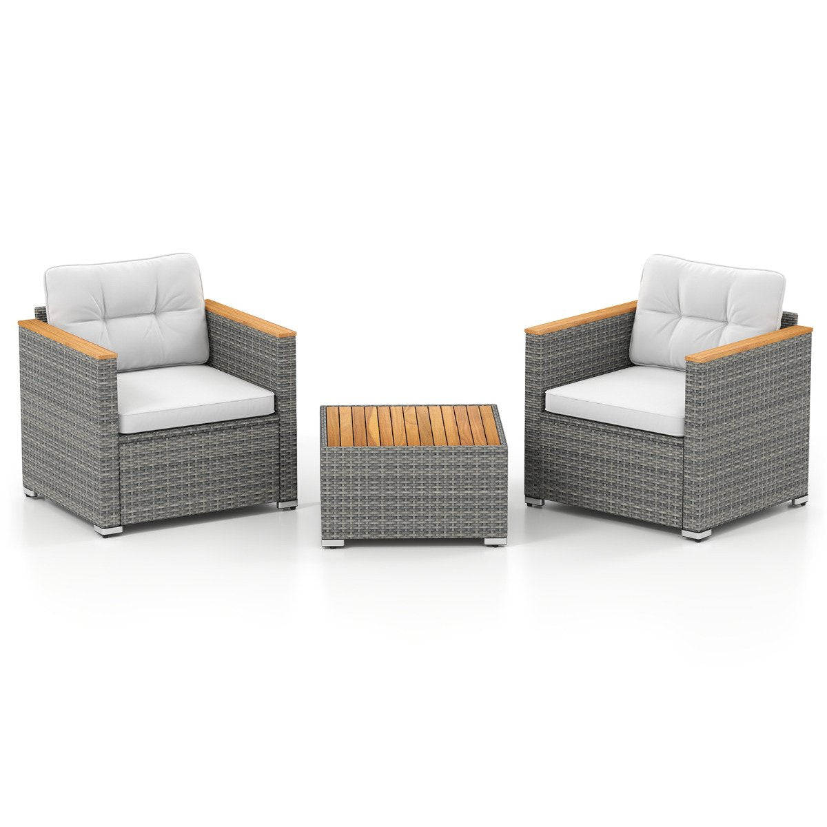 3 Pieces Patio Rattan Furniture Set with Cushions and Acacia Wood Top Coffee Table-White