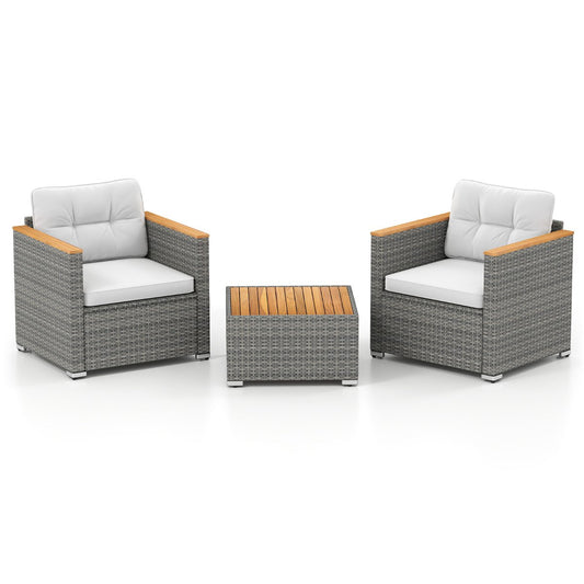 3 Pieces Patio Rattan Furniture Set with Cushions and Acacia Wood Top Coffee Table-White
