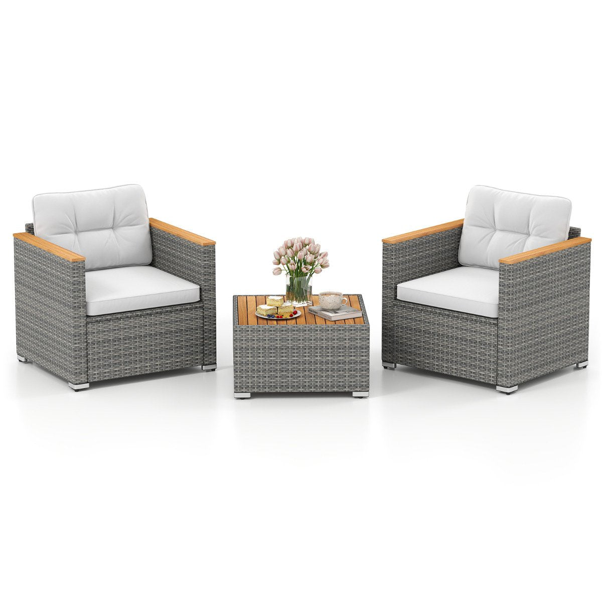 3 Pieces Patio Rattan Furniture Set with Cushions and Acacia Wood Top Coffee Table-White
