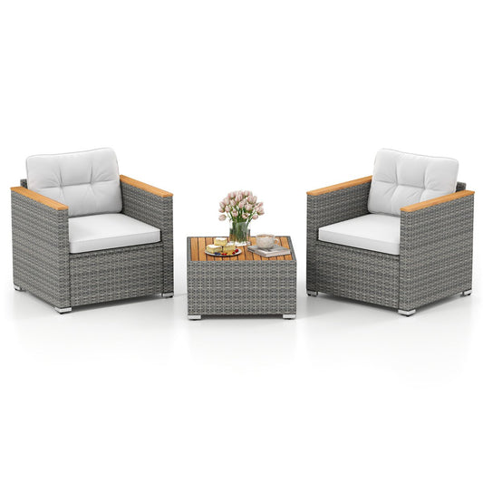 3 Pieces Patio Rattan Furniture Set with Cushions and Acacia Wood Top Coffee Table-White