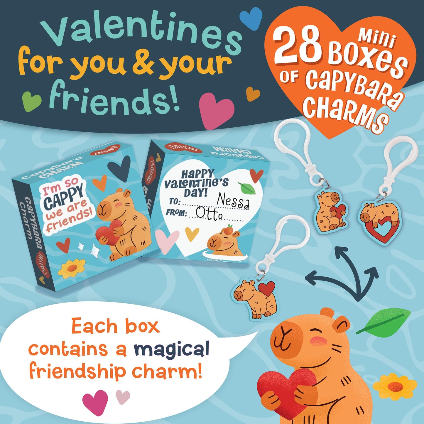Peaceable Kingdom Valentines Box for Kids — Capybara Charm Valentines (28-Pack) | Classroom Gift Kit
